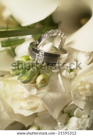 stock photo Two silver wedding rings on white rose focus on diamonds