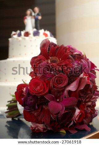 stock photo Wedding bouquet of red roses at reception table