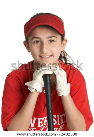 stock photo Cute preteen sports girl in softball uniform