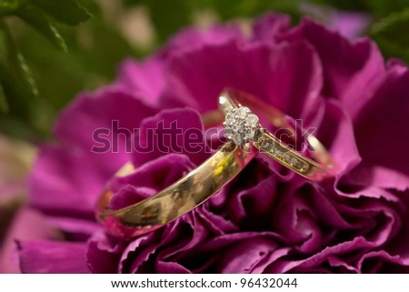stock photo Pair of wedding rings on purple flower focus on diamonds