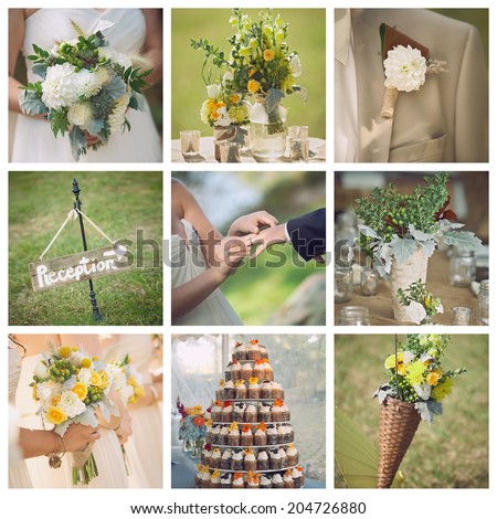 Collage collection of wedding details from rustic ceremony and reception