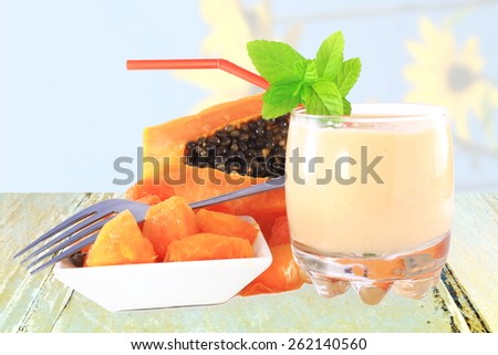 papaya milkshake  with cut papaya and mint