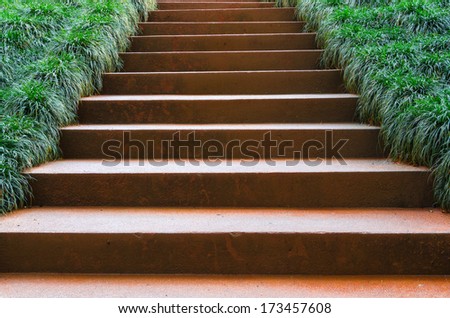 Brown concrete stair after raining in garden.
