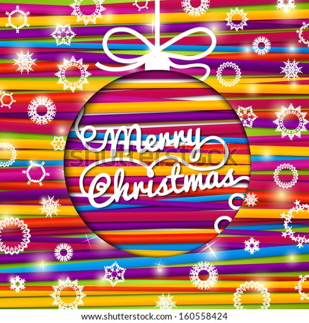 Merry Christmas greeting card made from bundle of bright laces on the paper with snowflakes. With shining glares. With swirl lettering of 