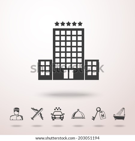 Five star hotel vector monochrome icon in the air with shadow. With set of hotel icons - hotel building, service bell, bed, luggage, porter, room key, taxi cab, airplane, bathroom with shower.