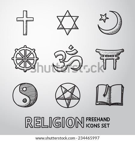 World religion hand drawn symbols set with - christian, Jewish, Islam, Buddhism, Hinduism, Taoism, Shinto, pentagram, and book as symbol of doctrine.