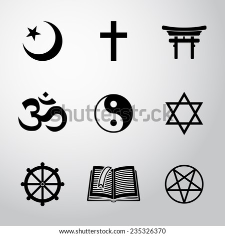 World religion symbols set with - christian, Jewish, Islam, Buddhism, Hinduism, Taoism, Shinto, pentagram, and book as symbol of doctrine.
