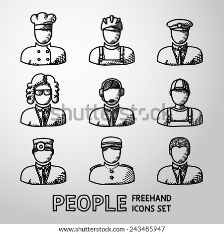 Set of hand drawn people faces of different professions - cook, worker, pilot, law man, call operator, delivery man, doctor, doorman, clerk.