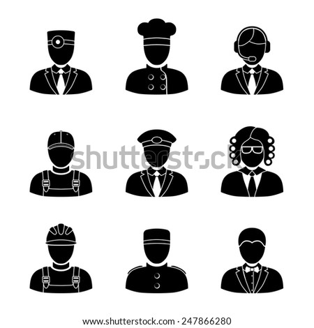 Set of monochrome people faces of different professions - cook, worker, pilot, law man, call operator, delivery man, doctor, doorman, clerk.