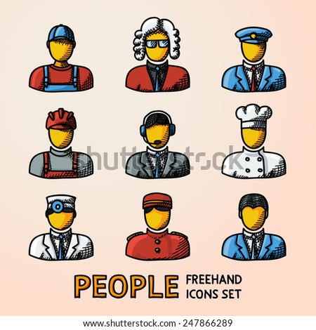 Set of color hand drawn people faces of different professions - cook, worker, pilot, law man, call operator, delivery man, doctor, doorman, clerk.