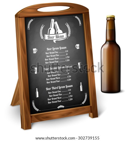 Menu template on chalkboard - for beer and alcohol with realistic brown beer bottle, and beer label with place for your text and design.