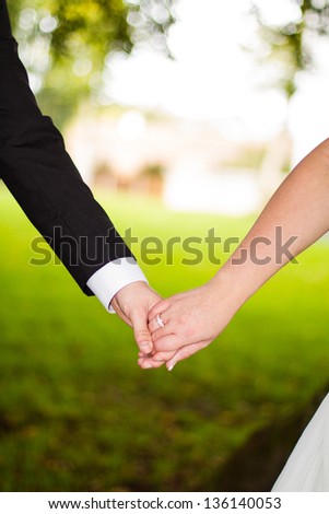 Newly married couple holding in hand