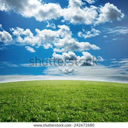 Simple beautiful nature background with green grass and blue vivid sky with clouds.