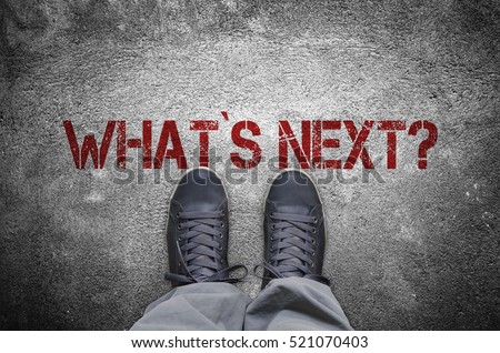 What`s next? stencil print with sneakers on concrete floor top view