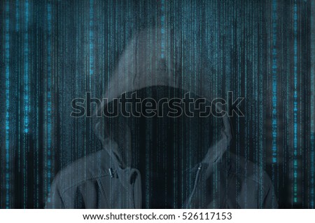 Hacker at work with graphic user interface around. Computer security concept.