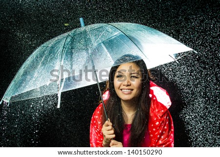 Asian women under the rain with rain coat and umbrella