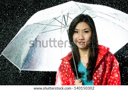 Asian women under the rain with rain coat and umbrella