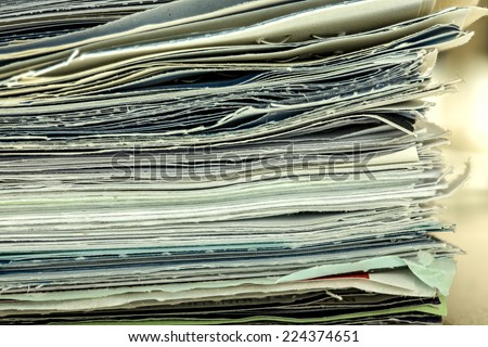 old papers and documents stack together, close up shooting