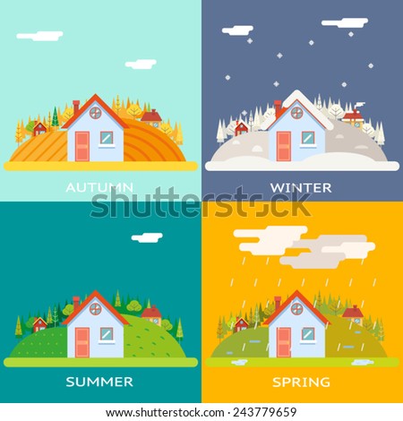 Seasons Change Autumn Winter Summer Spring Village Hills Field Landscape Icon Website Greeting Card Flat Design Vector Illustration