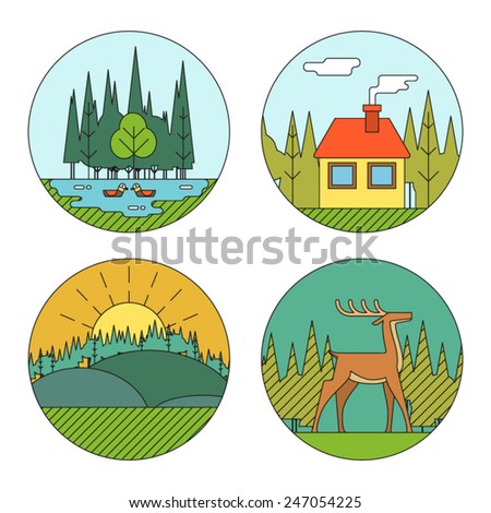 Outdoor Life Symbol Lake Forest House Deer Duck Line Icons Nature Landscapes Logo Isolated Flat Design Vector Illustration