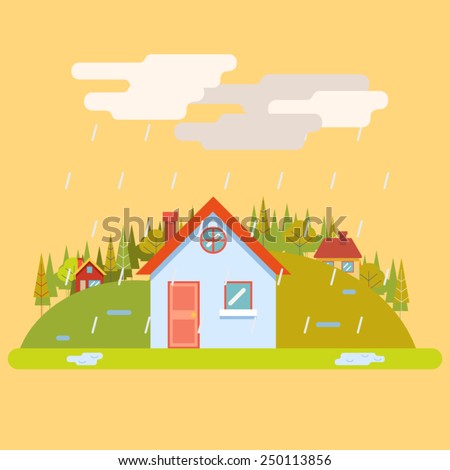 Seasons Change Spring Village Hills Field Landscape Icon Website Greeting Card Flat Design Vector Illustration