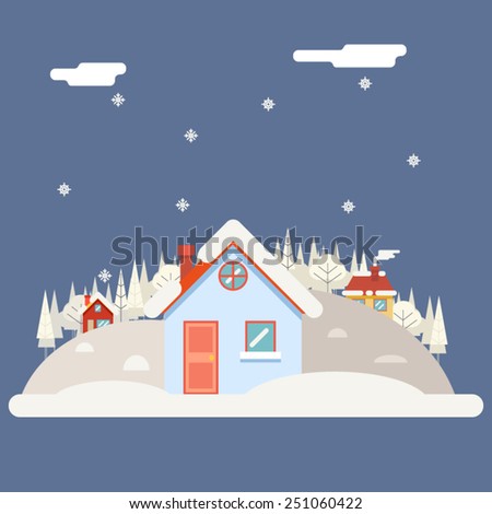 Seasons Change winter Village Hills Field Landscape Icon Website Greeting Card Flat Design Vector Illustration