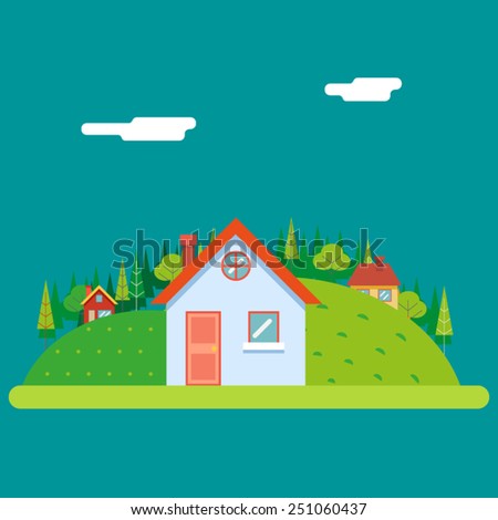 Seasons Change Summer Village Hills Field Landscape Icon Website Greeting Card Flat Design Vector Illustration