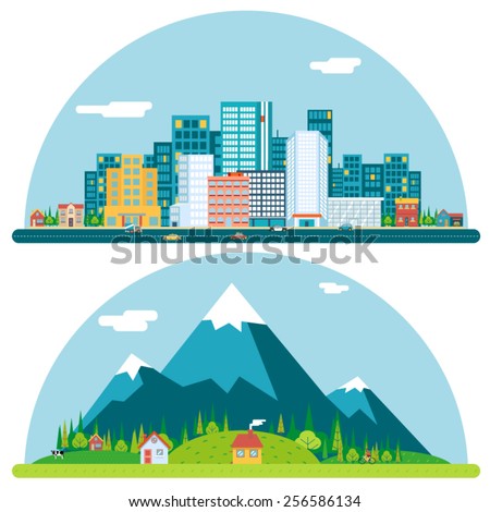 Spring Urban and Countryside Landscape City Village Real Estate Summer Day Background Flat Design Concept Icon Template Vector Illustration