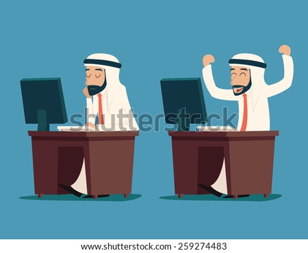 Arab Businessman at Desk Working on Computer Cartoon Characters Icon Stylish Background Retro Design Vector Illustration Arab Businessman at Desk Working on Computer Cartoon Characters Icon Stylish Background Retro Design Vector Illustration
