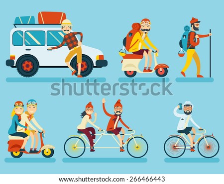 Happy Smiling Man Geek Hipster Character Car Traveler Backpack Schooter Bike Icon Travel Lifestyle Vacation Tourism and Journey Symbol Background Flat Design Template Vector Illustration