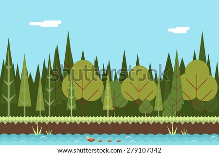 Seamless Wood and River Nature Concept Flat Design Landscape Background Template Vector Illustration