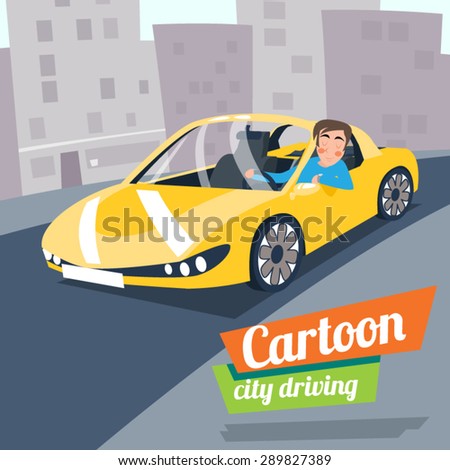 Retro Cartoon Sport Car Transport Driver City Riding Street Backgorund Vector Illustration