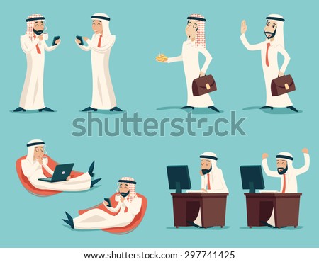 Retro Vintage Successful Arab Businessman Working Set Traditional National Muslim Clothes Cartoon Characters Icon Stylish Background Retro Cartoon Design Vector Illustration