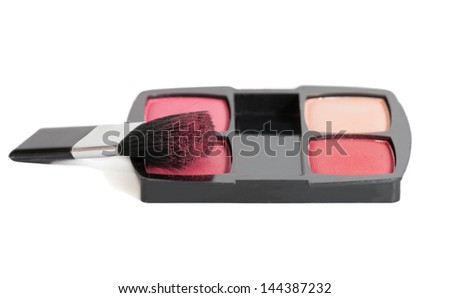 Blush brush with pink, purple, magenta and beige blush powder in a generic case, isolated on white