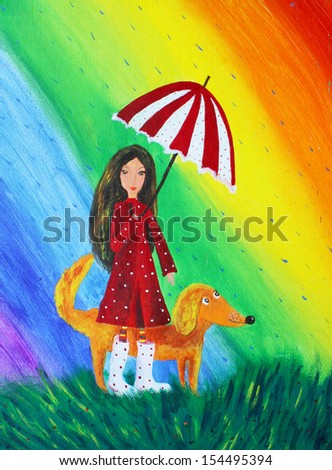 Girl with Dog. Picture painted in a naive style by acrylic colors.