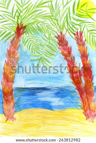 Palm trees and ocean. Child\'s drawing, colored pencils on paper.