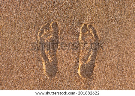Footprints on the beach sand.Traces on the beach. Footsteps