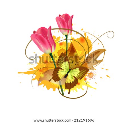 Vector flower tulip. Vector background with Flower.  background with butterfly