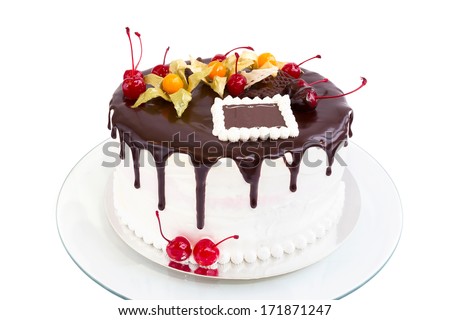 Cream and chocolate berries cake isolated on white