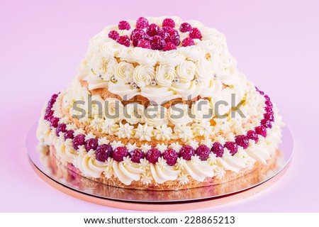 Cone shape raspberry wedding cake on pink background