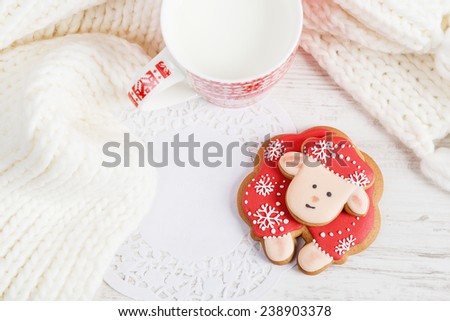 Christmas gingerbread sheep with cup of milk. Top view. Copy space