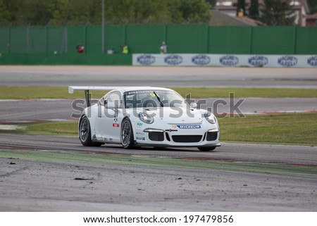 MISANO ADRIATICO, Rimini, ITALY - May 10:  A Porsche 911 GT3 Cup of Gt Motorsport team, driven By BEN WALTER, the ,Porsche Carrera Cup car racing on May 10, 2014 in Misano Adriatico, Rimini, Italy.