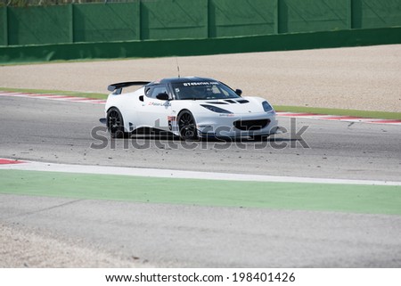 MISANO ADRIATICO, Rimini, ITALY - May 10:  A Lotus Evora GT4 of Lechner Racing School team, driven By LAUDA Fabian (AUT),  the GT4 European Series car racing on May 10, 2014 in Misano Adriatico.