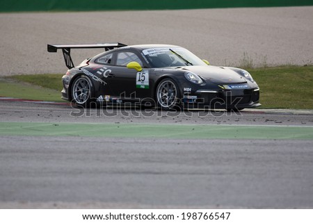 MISANO ADRIATICO, Rimini, ITALY - May 10:  A Porsche 911 GT3 Cup of Sportec Motorsport team, driven By MELNIKOV Ilya (RUS) , the ,Porsche Carrera Cup car racing on May 10, 2014 in Misano Adriatico.