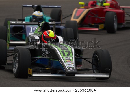 Imola, Italy - October 11, 2014: A Tatuus F.4 T014 Abarth of Antonelli Motorsport  team, driven By Russo Andrea (Ita),  the Italian F4 Championship car racing on October 11, 2014 in Imola, Italy.