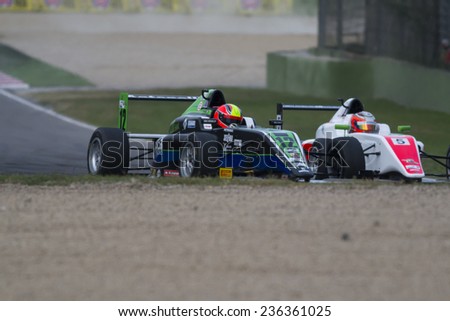 Imola, Italy - October 11, 2014: A Tatuus F.4 T014 Abarth of Antonelli Motorsport  team, driven By Russo Andrea (Ita),  the Italian F4 Championship car racing on October 11, 2014 in Imola, Italy.