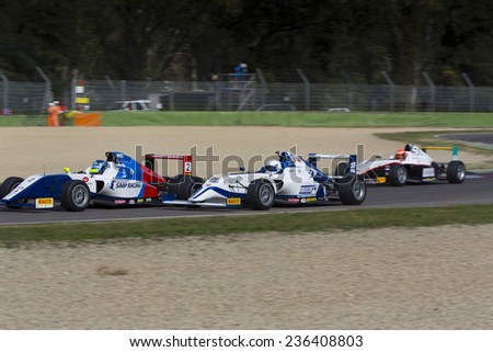 Imola, Italy - October 11, 2014: A Tatuus F.4 T014 Abarth of Smp Racing Euronova Racing team, driven By Matveev Ivan (Rus),  the Italian F4 Championship car racing on October 11, 2014 in Imola, Italy.