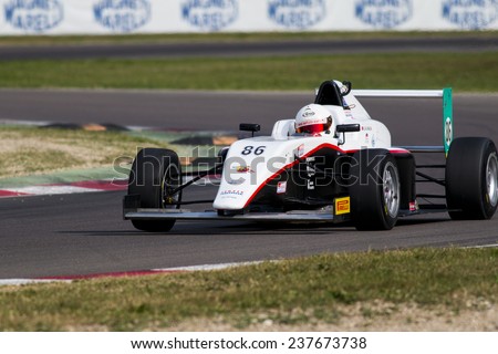 Imola, Italy - October 11, 2014: A Tatuus F.4 T014 Abarth of  Jenzer Motorsport team, driven By Al Khalifa Ali (Bhr),  the Italian F4 Championship car racing on October 11, 2014 in Imola, Italy.