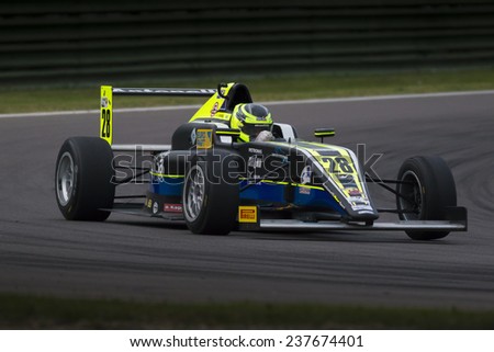 Imola, Italy - October 11, 2014: A Tatuus F.4 T014 Abarth of  Antonelli Motorsport team, driven By Vieira Joao (Bra),  the Italian F4 Championship car racing on October 11, 2014 in Imola, Italy.