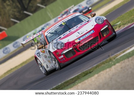 Imola, Italy - October 11, 2014: A Porsche 911 Gt3 Cup of Ghinzani Arco Motorsport team, driven By De Amicis Alberto (Ita),  the Porsche Carrera Cup Italia car racing